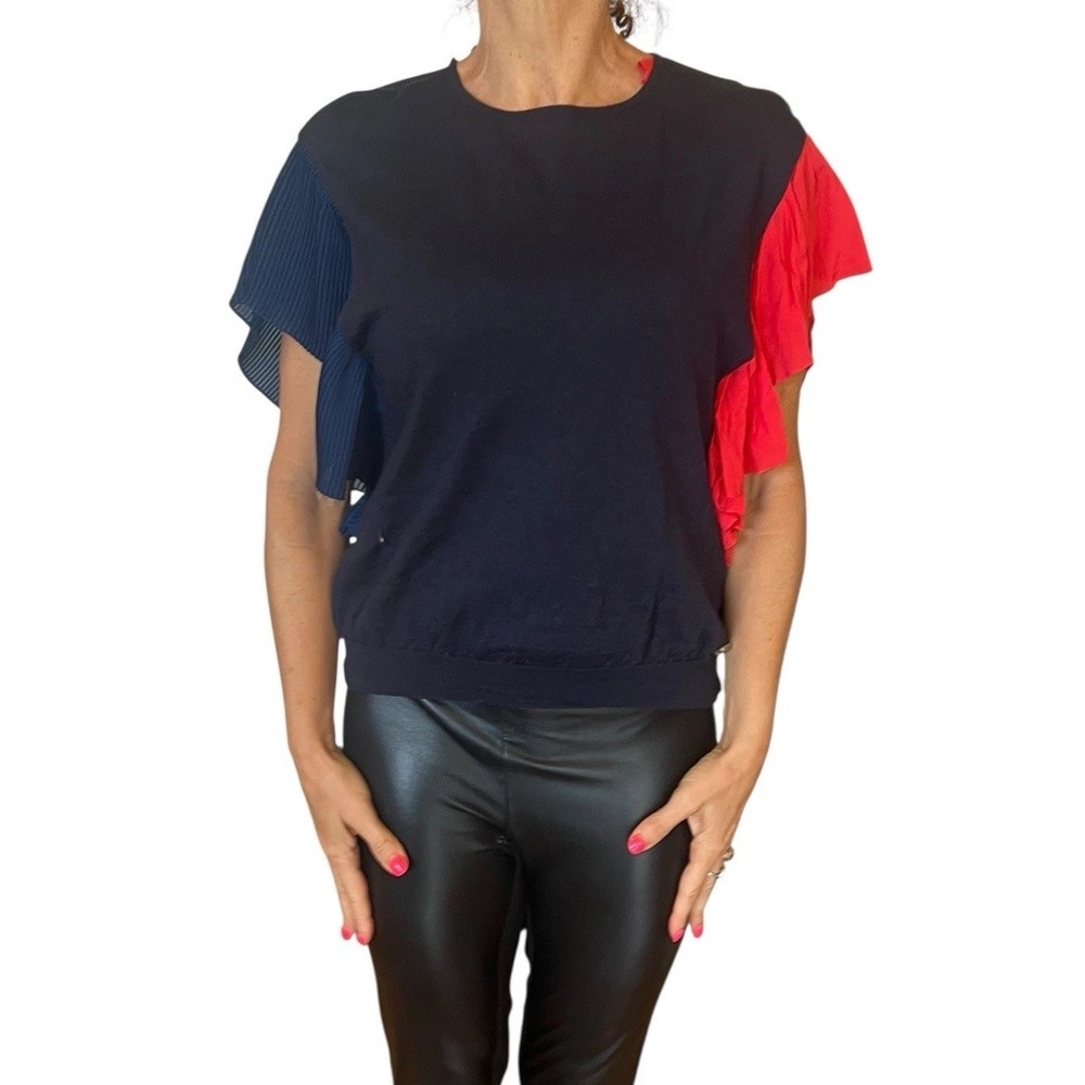 VIONNET‎ Blue sleeveless wool/cashmere sweater silk pleated side ruffle 44 10-12